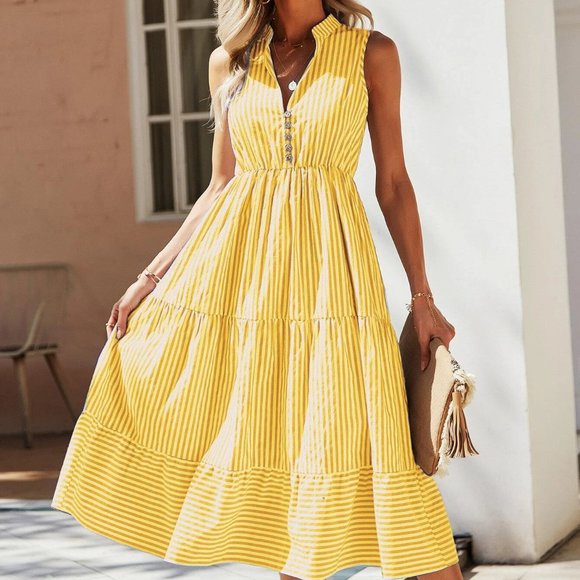 . Dresses & Skirts - Yellow Boho Womens Striped Print Notched Neck A-line Dress